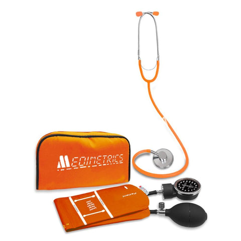 BAUMANOMETRO ANEROIDE MEDIMETRICS, CON CARATULA NEGRA COLOR NARANJA NEON, KIT INCLUYE ESTETOSCOPIO - NUBÉDICA